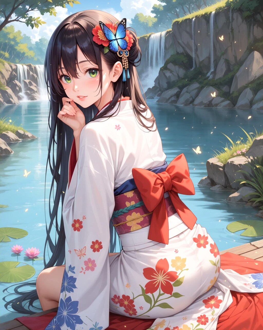 滝のほとりの浴衣美人