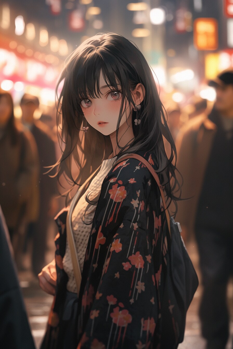 夜の繁華街振り返り姉さん