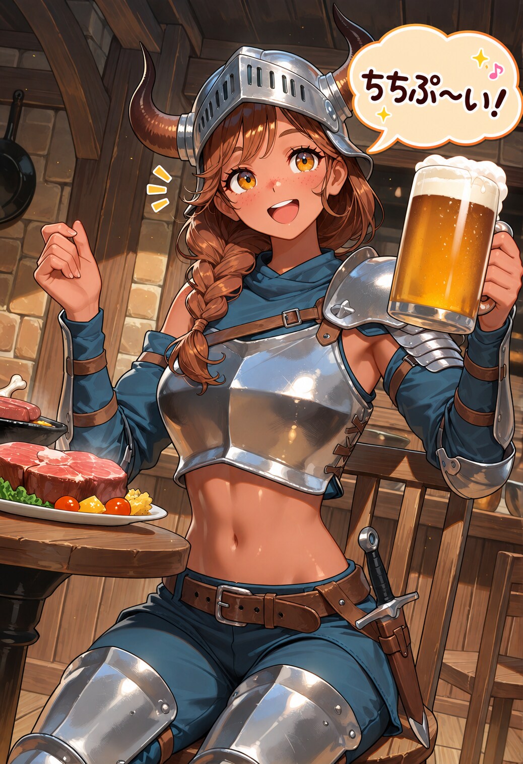 ちちぷ～いで乾杯する傭兵団ベアクロウの女戦士