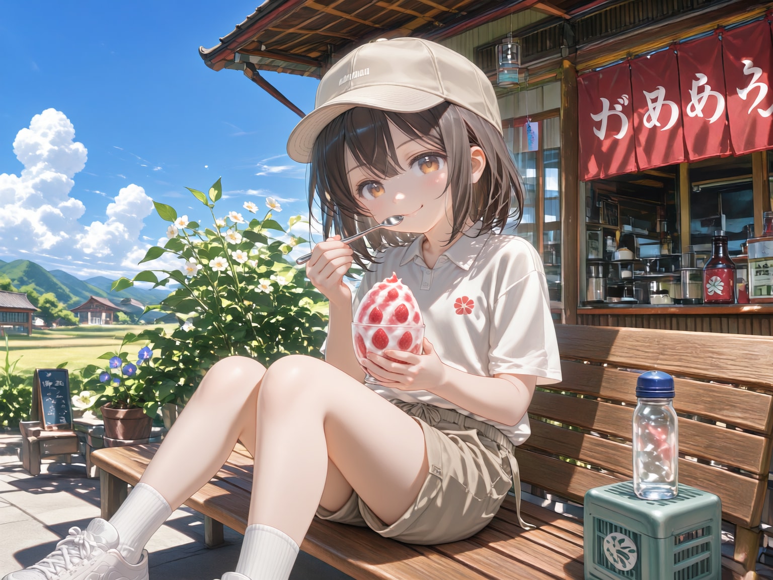 かき氷を食べて暑い夏の昼下がりの涼をとるおんなのこ