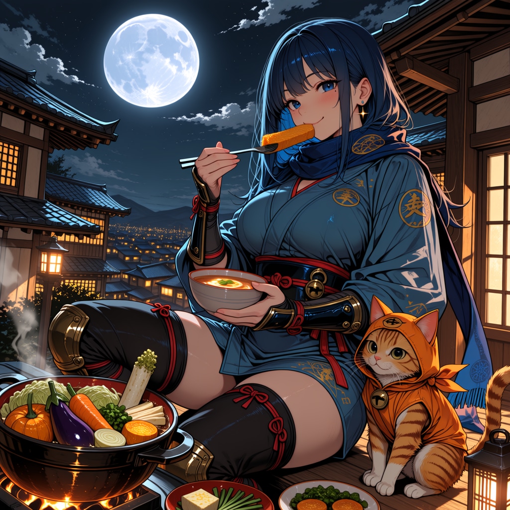 月夜のくノ一あい、任務より野菜鍋！ | の人気AIイラスト・グラビア