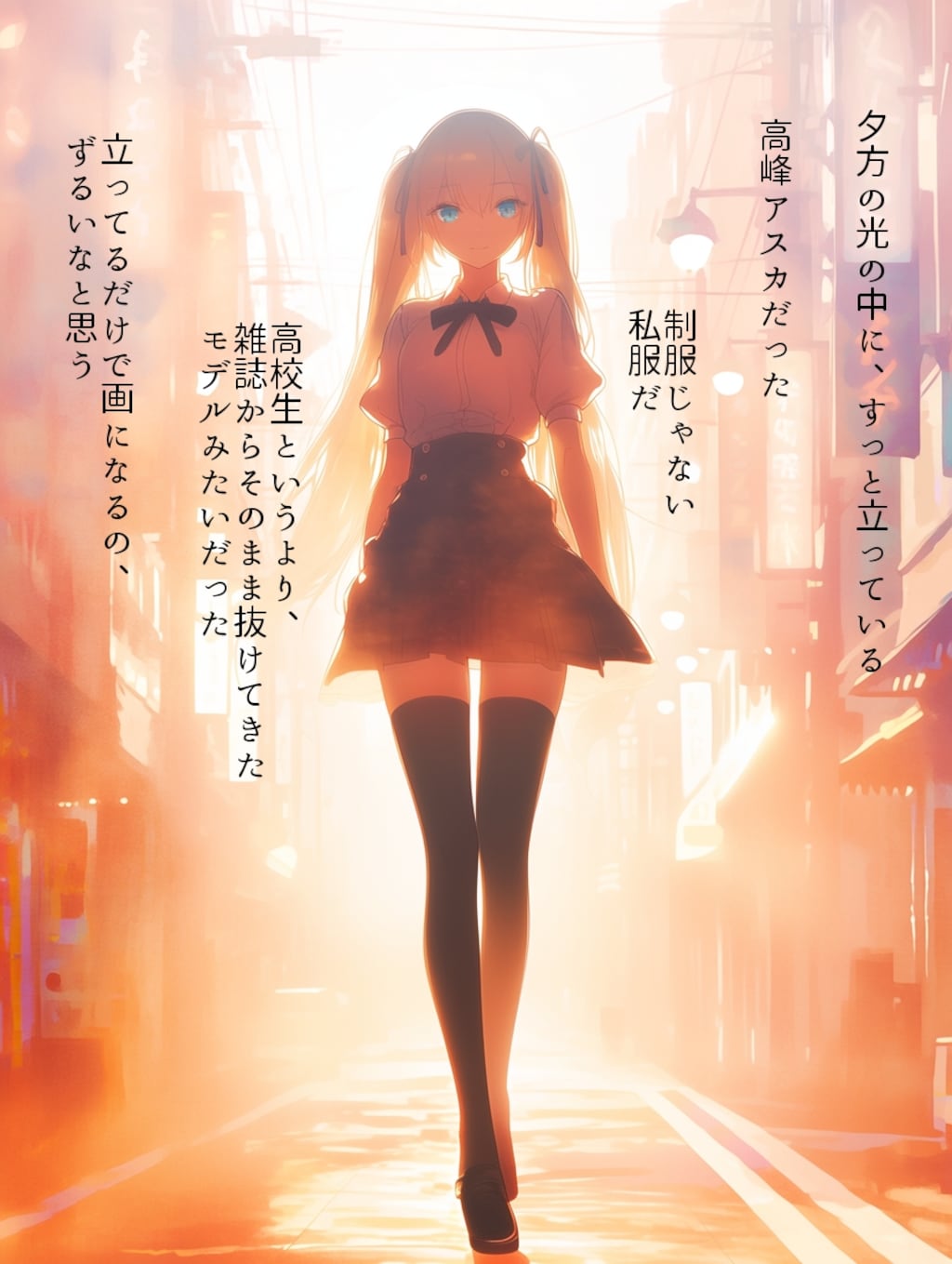 本編12話の挿し絵、夕焼けの中の高峰アスカ