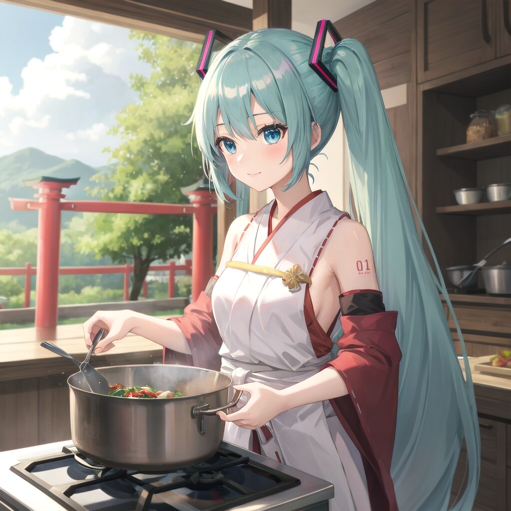 巫女さん料理中