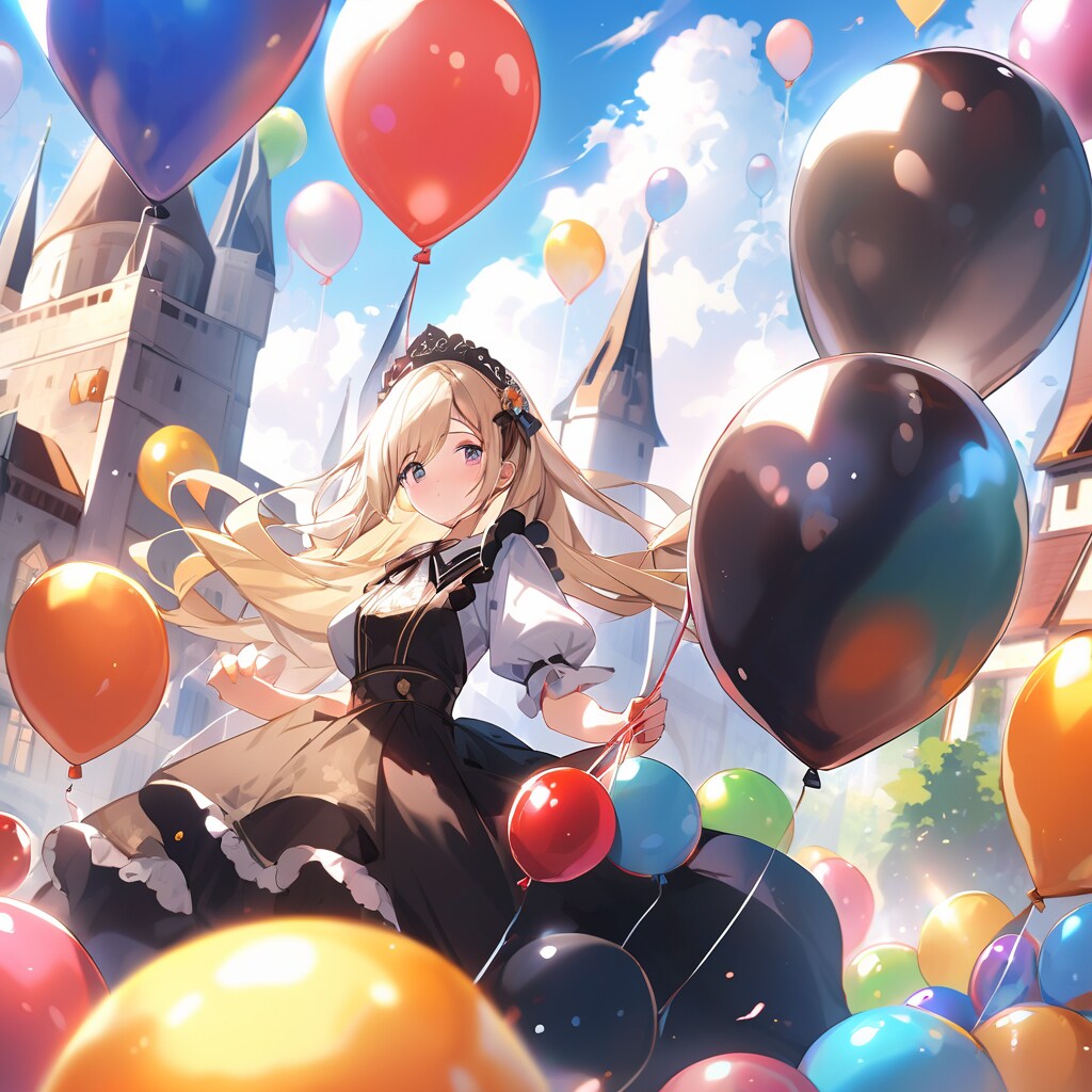 お城の庭で風船を膨らませて遊ぶブロンドのメイド服の美女 | の人気AIイラスト・グラビア