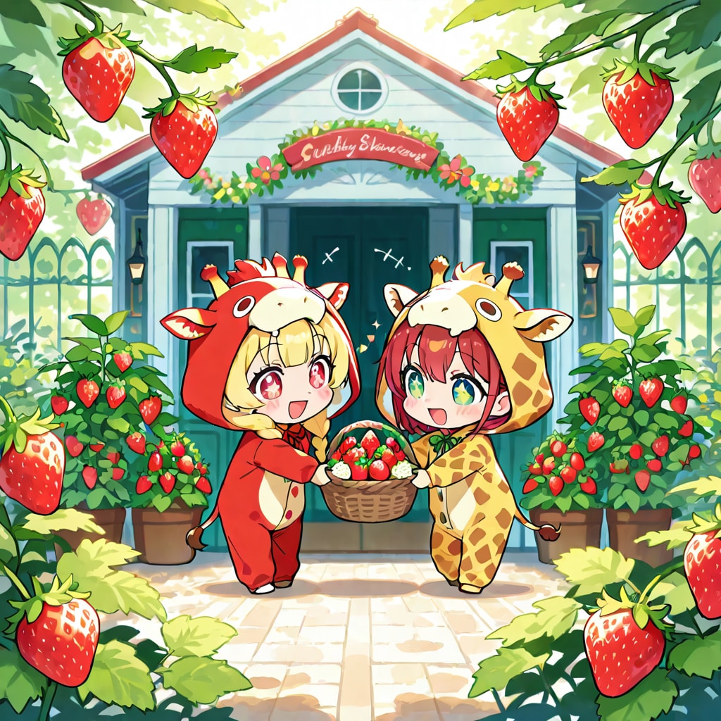 イチゴ狩りを楽しむキリン着ぐるみちび子ちゃんたち