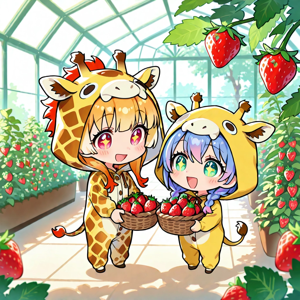 イチゴ狩りを楽しむキリン着ぐるみちび子ちゃんたち