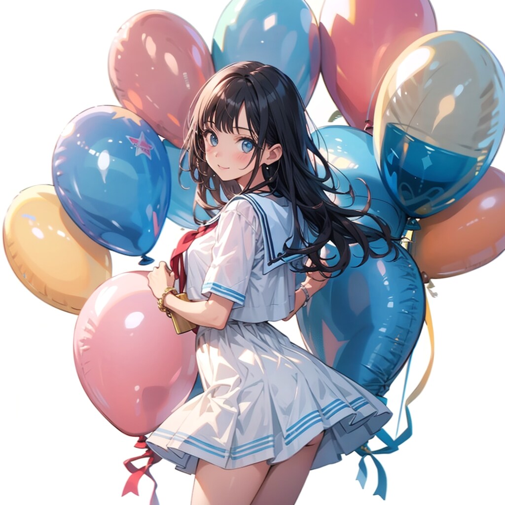 いっぱい色とりどりの風船を持つ黒髪ロングウェーブヘアのセーラー服着た美少女