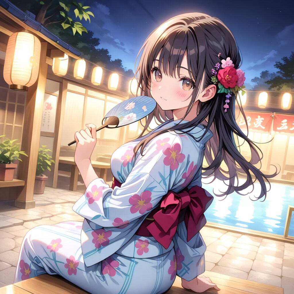 浴衣姿で休憩する少女