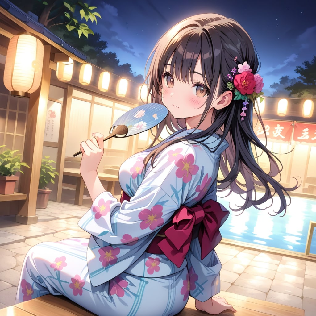 浴衣姿で休憩する少女