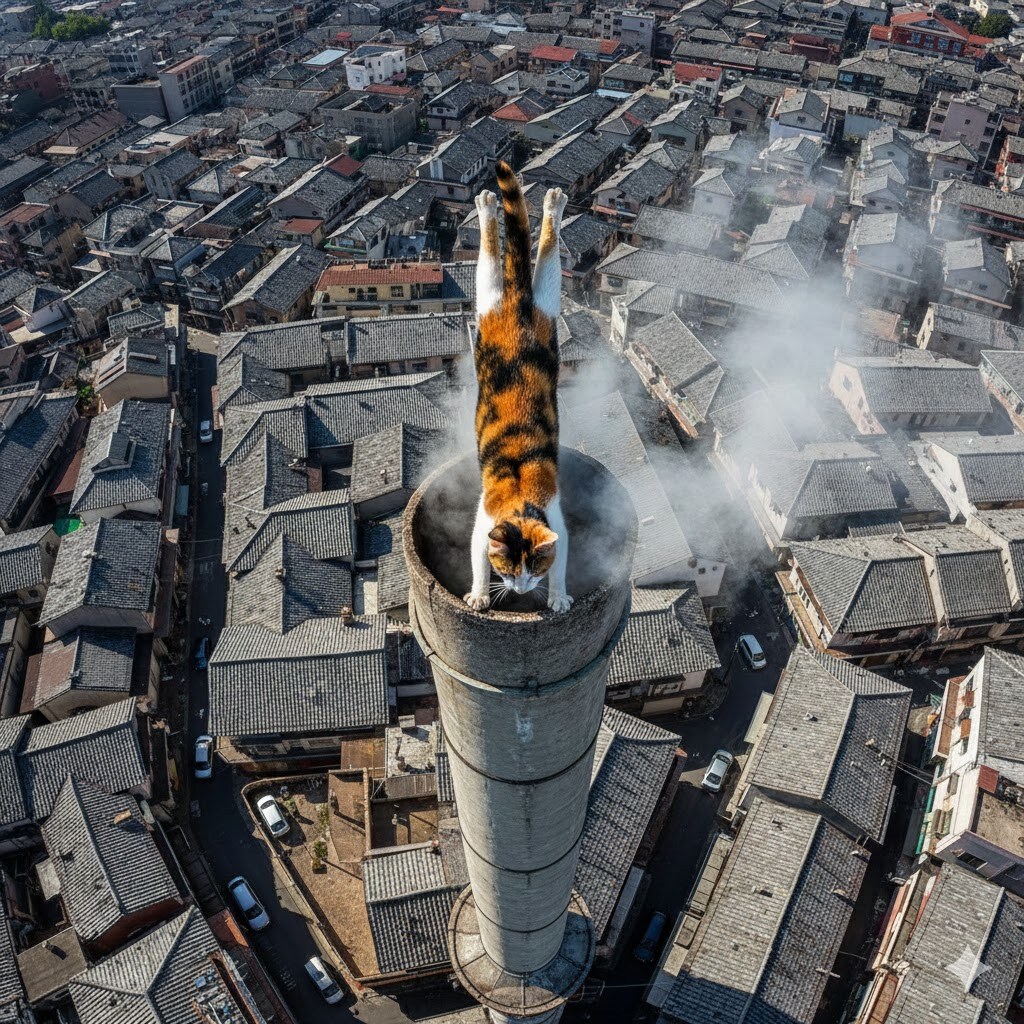 銭湯の煙突の上で猫が逆立ち🐈２