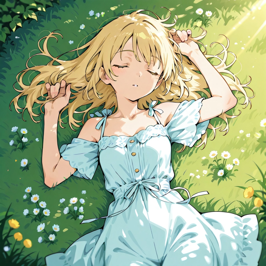 春の草原で寝る