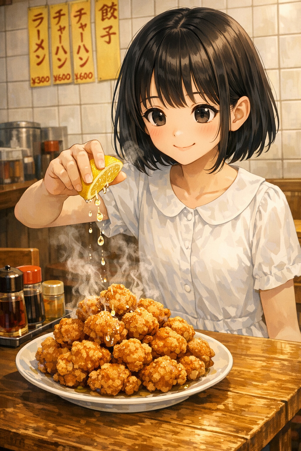 唐揚げにレモン汁をかけている女の子 | の人気AIイラスト・グラビア
