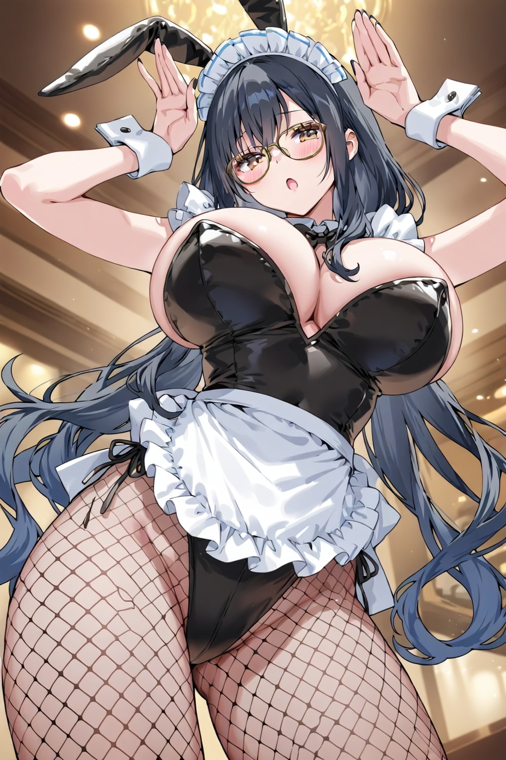 黒髪長髪眼鏡巨乳網タイツ黒バニーガール