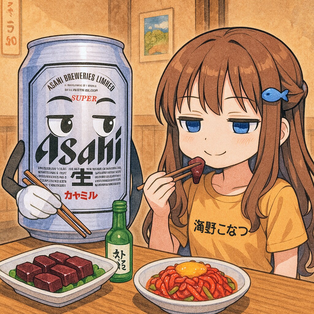 ユッケとレバ刺しを食べるビール缶と小さな女の子