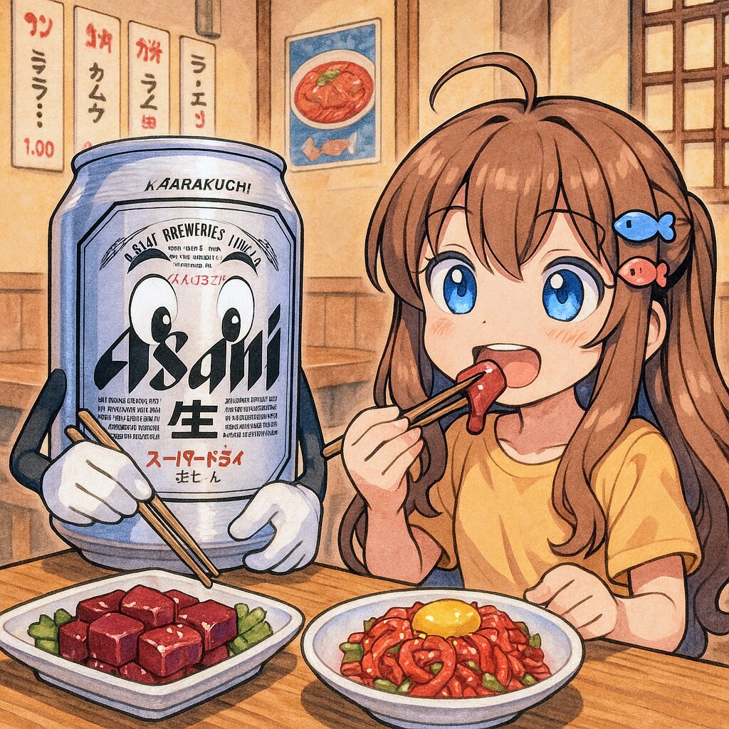 ユッケとレバ刺しを食べるビール缶と小さな女の子 | の人気AIイラスト・グラビア