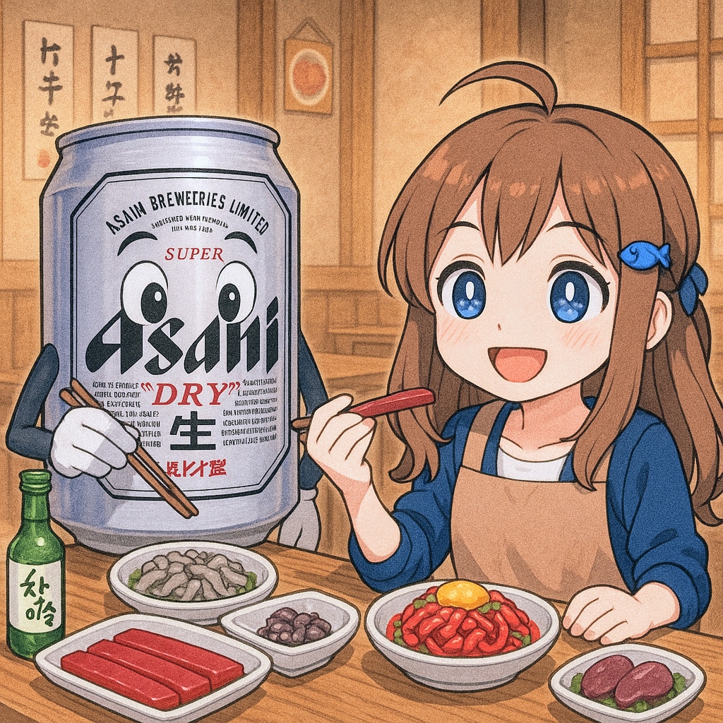 ユッケとレバ刺しを食べるビール缶と小さな女の子