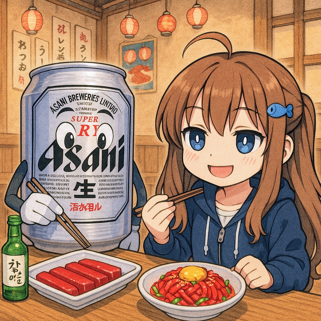 ユッケとレバ刺しを食べるビール缶と小さな女の子
