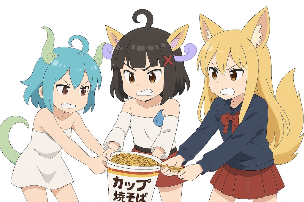 多種族で朝食のカップ麺を分け合うやさしい世界