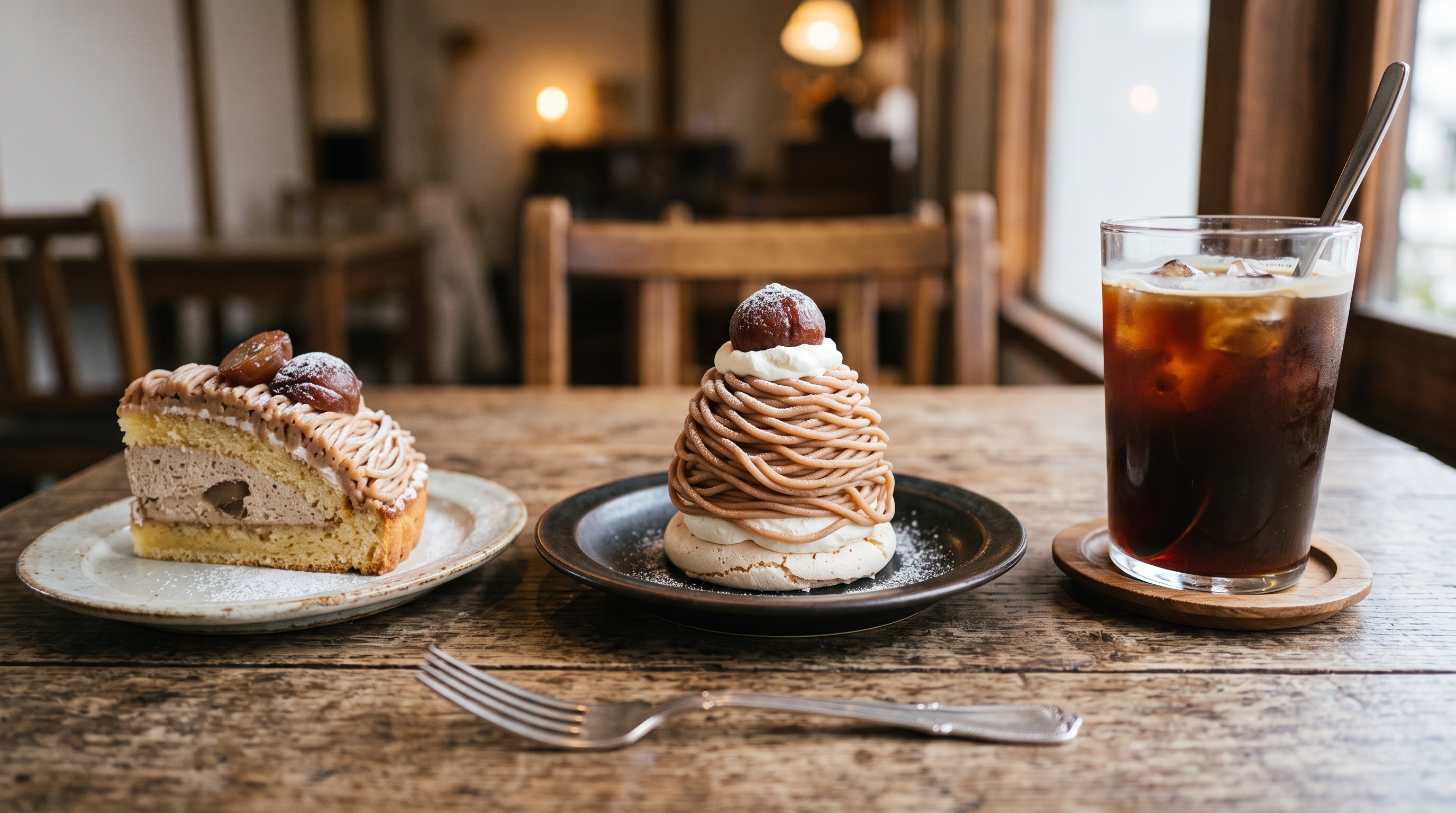 デザートのマロンケーキとモンブランのセット