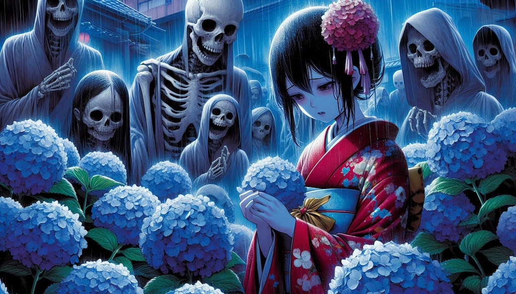 雨に濡れる幸薄そうな着物美少女を励ます♪本体が紫陽花の下に埋まってる紳士達😄♪