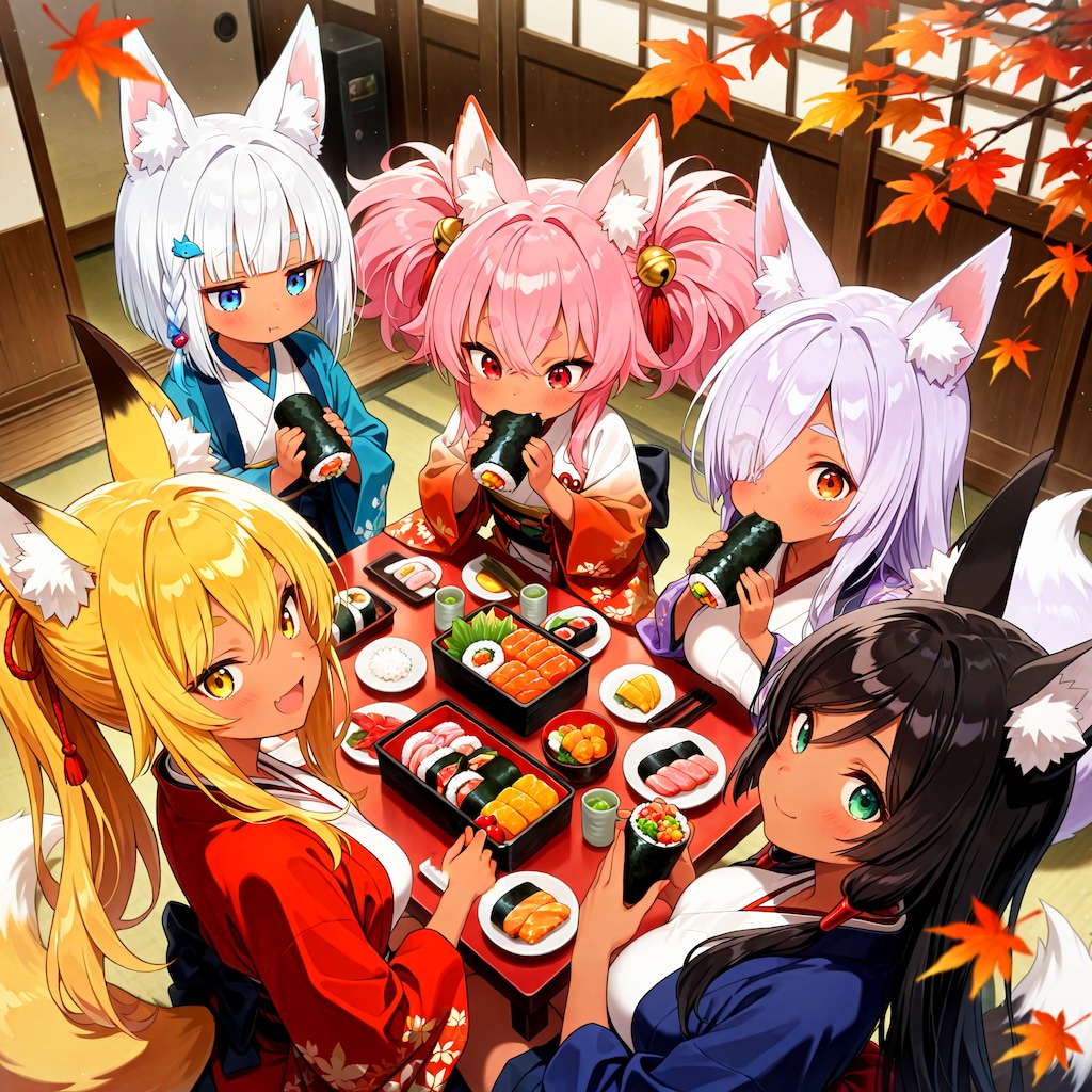 秋と寿司を楽しむ狐娘達