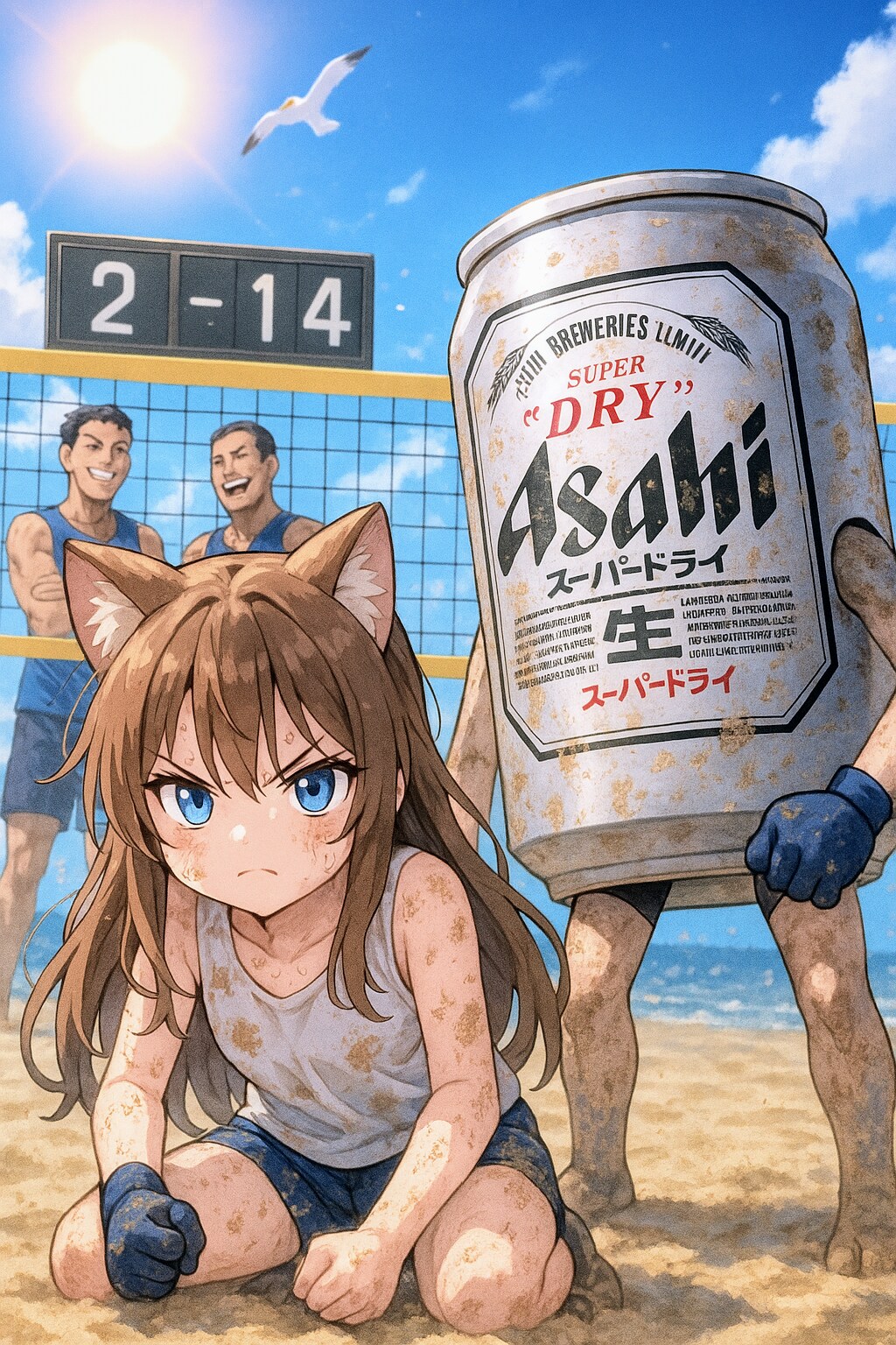 ビーチバレー　真剣に試合に挑む小さな女の子 | の人気AIイラスト・グラビア