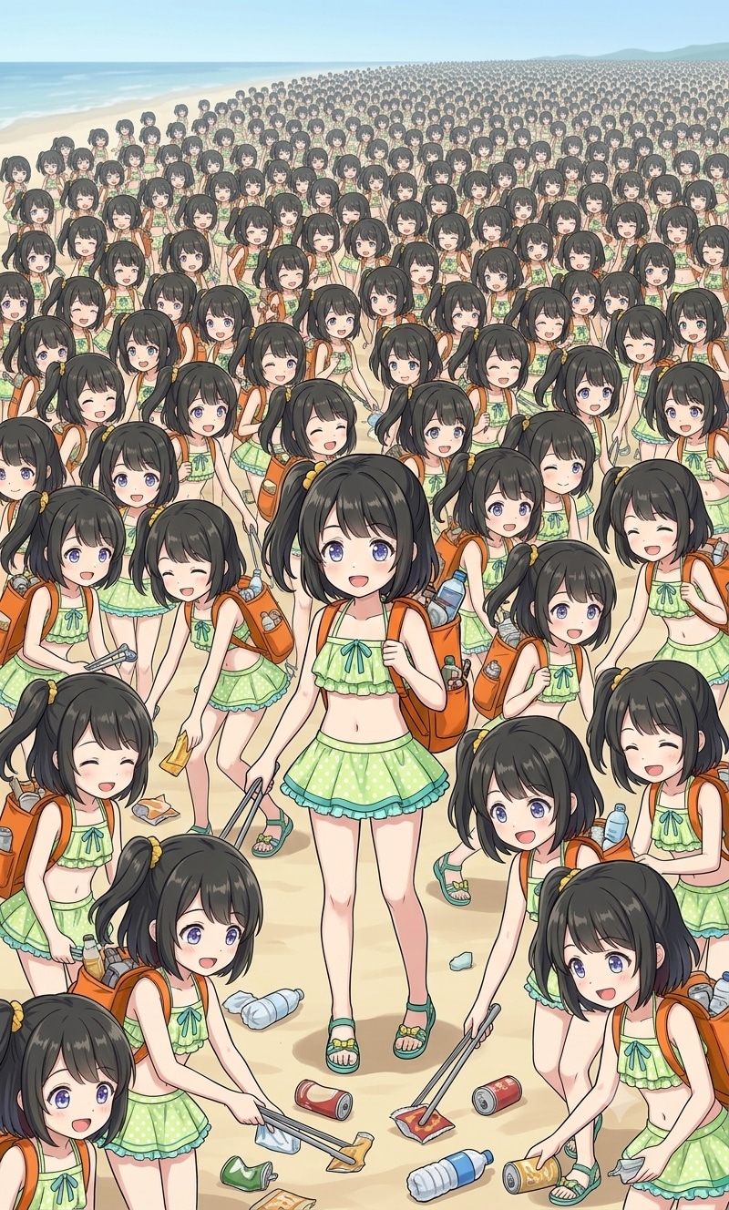 増殖した水着リトリちゃん達の海辺のゴミ拾い