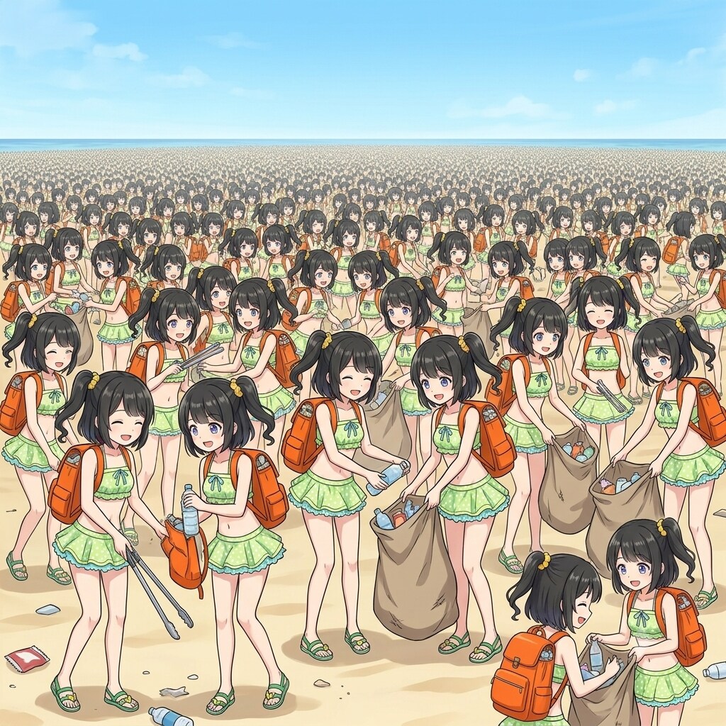 増殖した水着リトリちゃん達の海辺のゴミ拾い