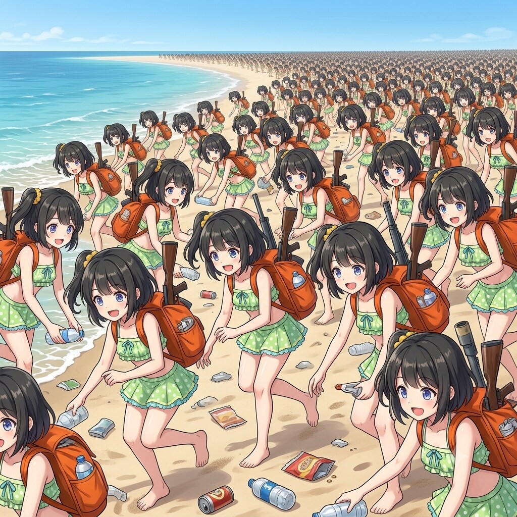 増殖した水着リトリちゃん達の海辺のゴミ拾い