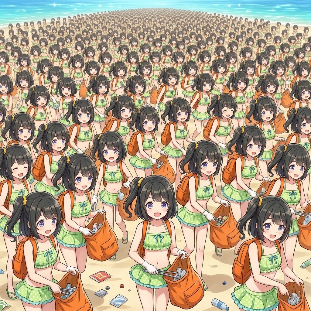 増殖した水着リトリちゃん達の海辺のゴミ拾い