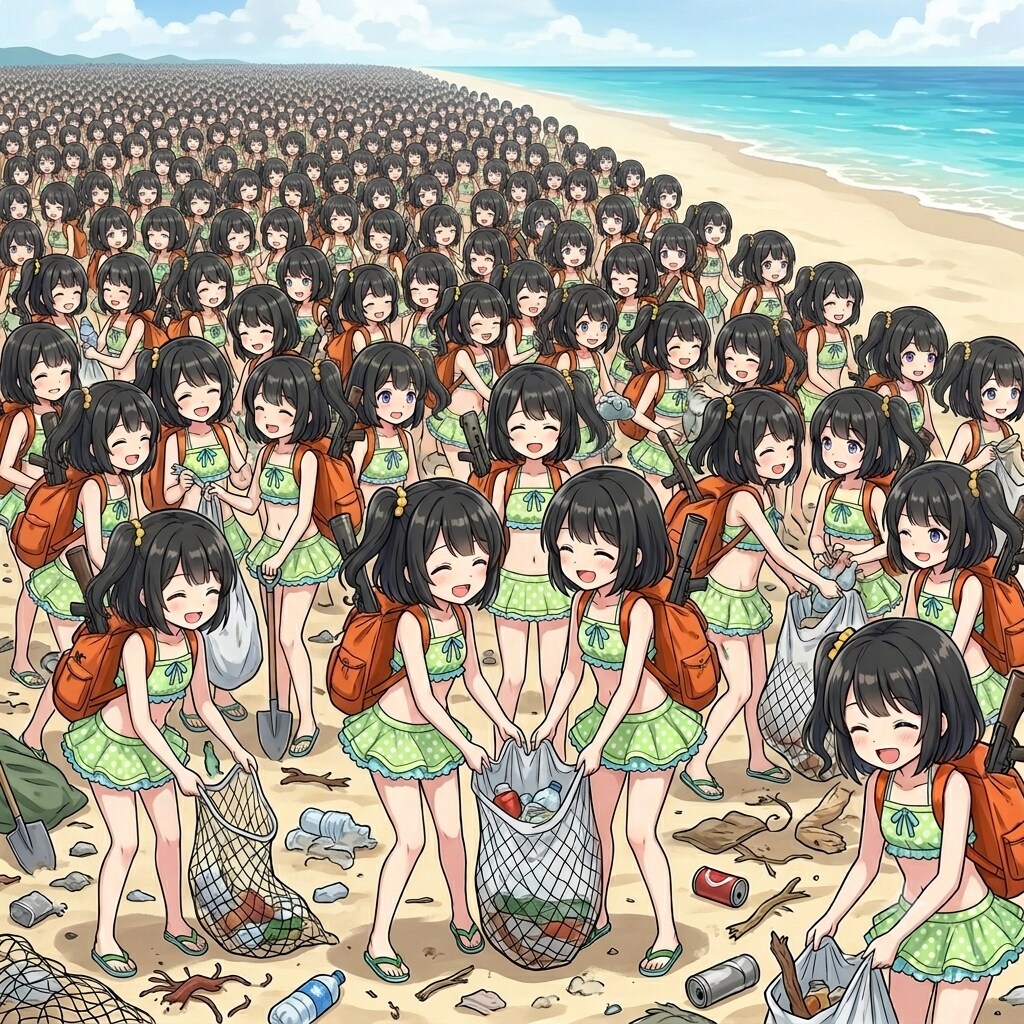 増殖した水着リトリちゃん達の海辺のゴミ拾い
