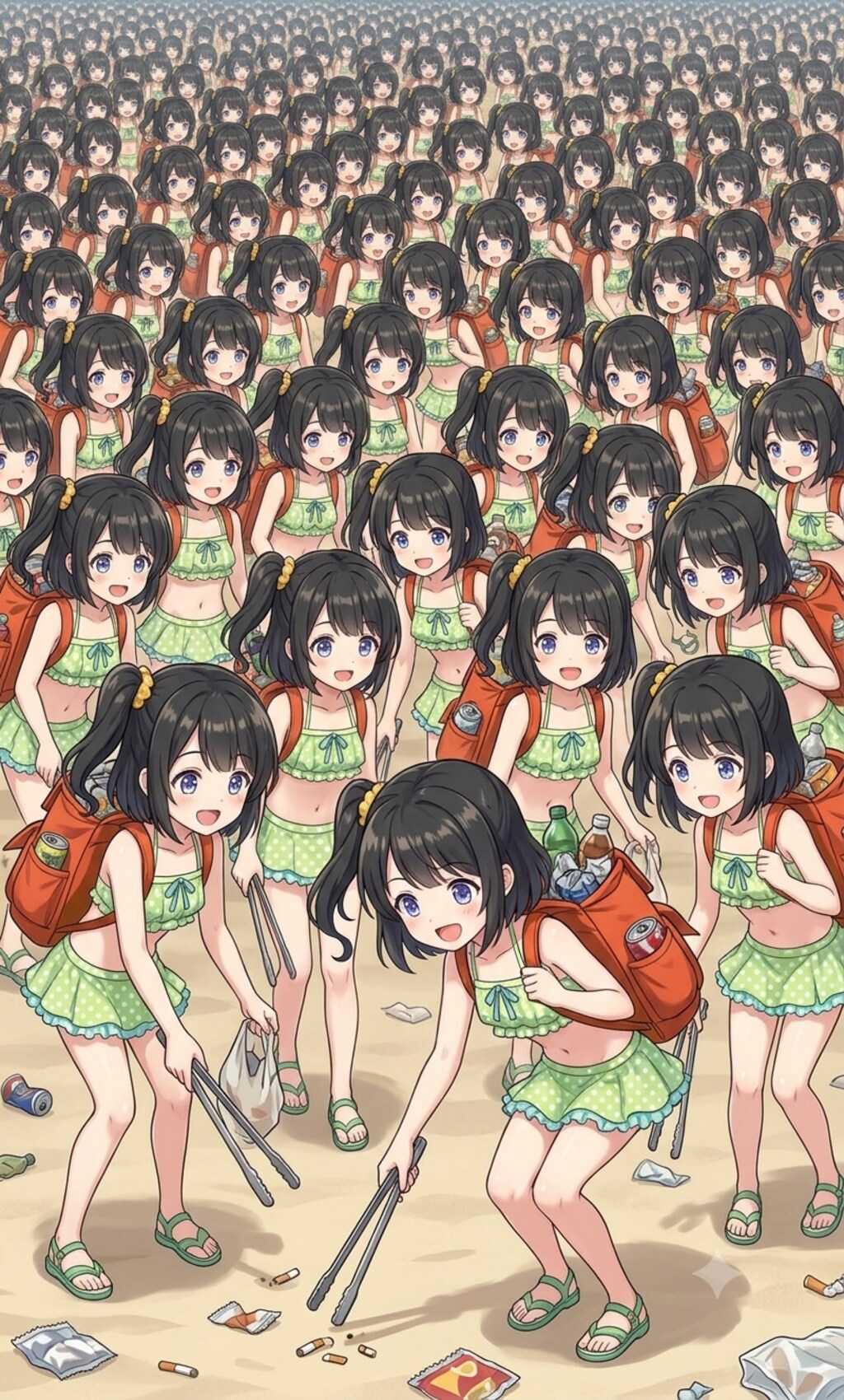 増殖した水着リトリちゃん達の海辺のゴミ拾い