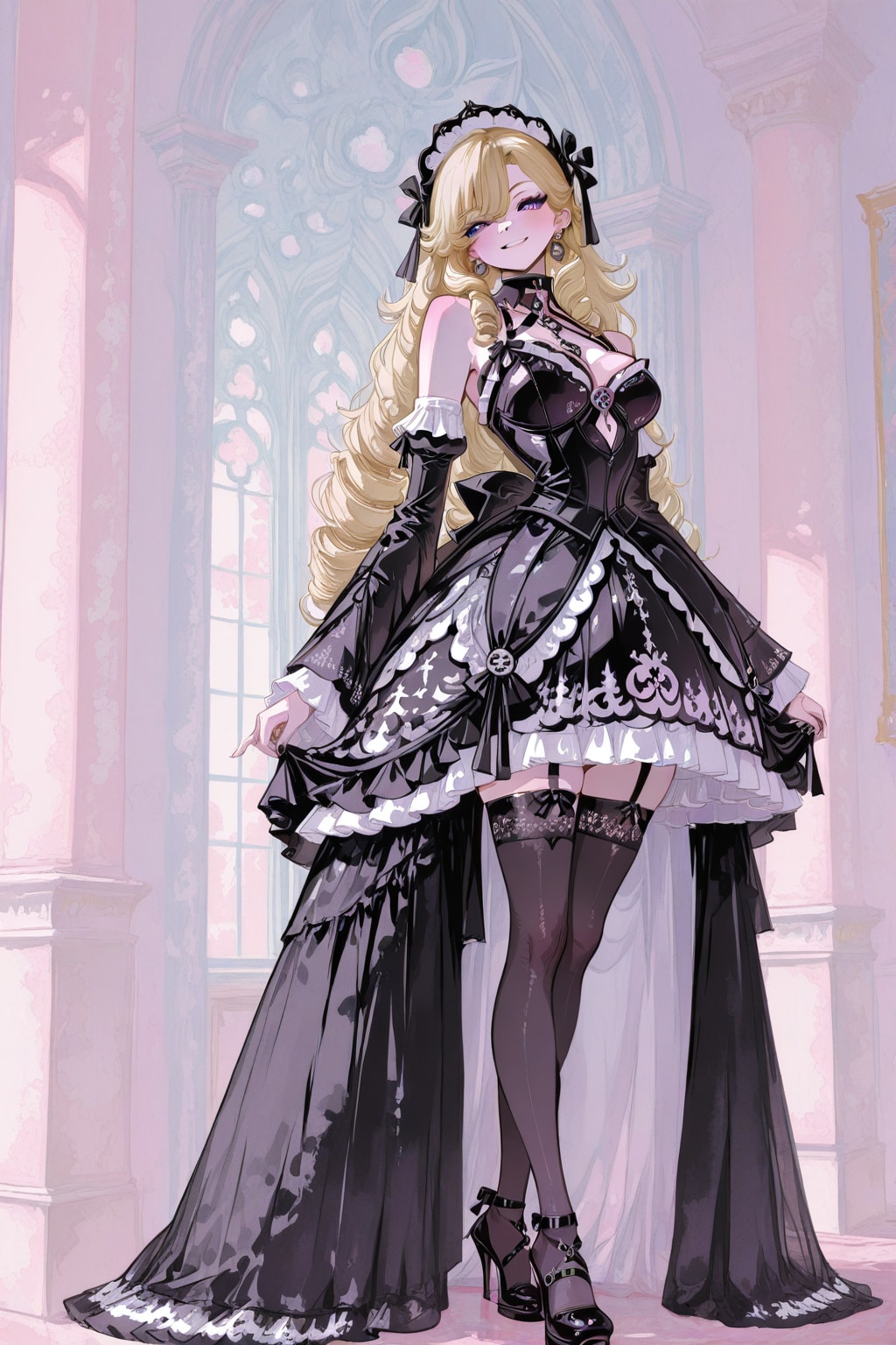 ビビットなゴシック調のドレス少女のパステルゴシック画　と言う良く解らない絵（最後だけ縦の巻き髪ブロンドです）