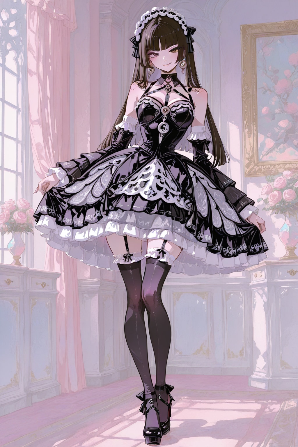 ビビットなゴシック調のドレス少女のパステルゴシック画　と言う良く解らない絵（最後だけ縦の巻き髪ブロンドです）