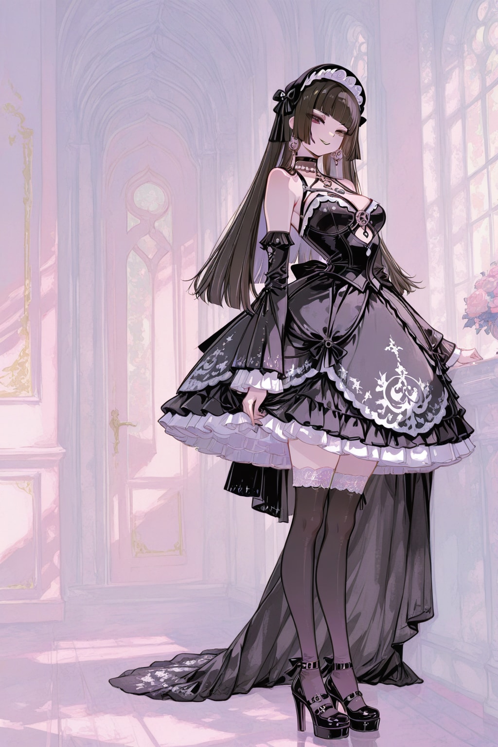 ビビットなゴシック調のドレス少女のパステルゴシック画　と言う良く解らない絵（最後だけ縦の巻き髪ブロンドです）