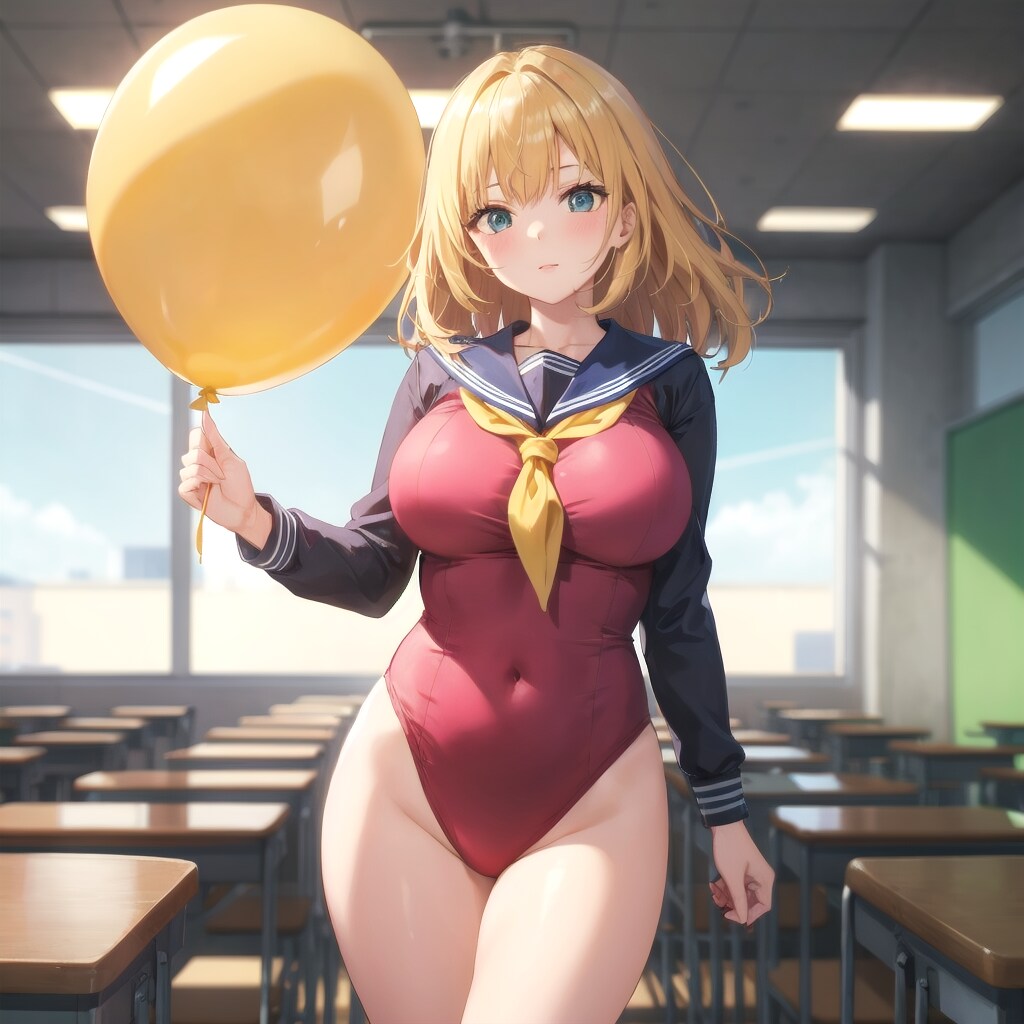 教室で黄色い巨大風船を持つブロンドロングのセーラー服の美少女