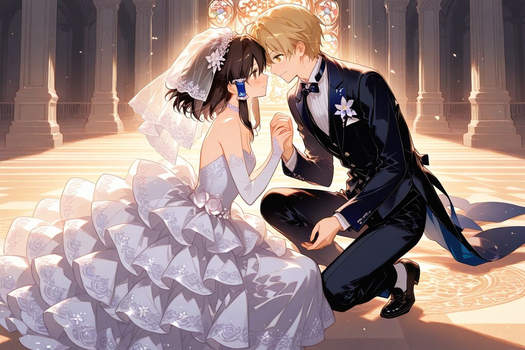 ウェディングドレスの霊夢と霊夢視点の魔理沙