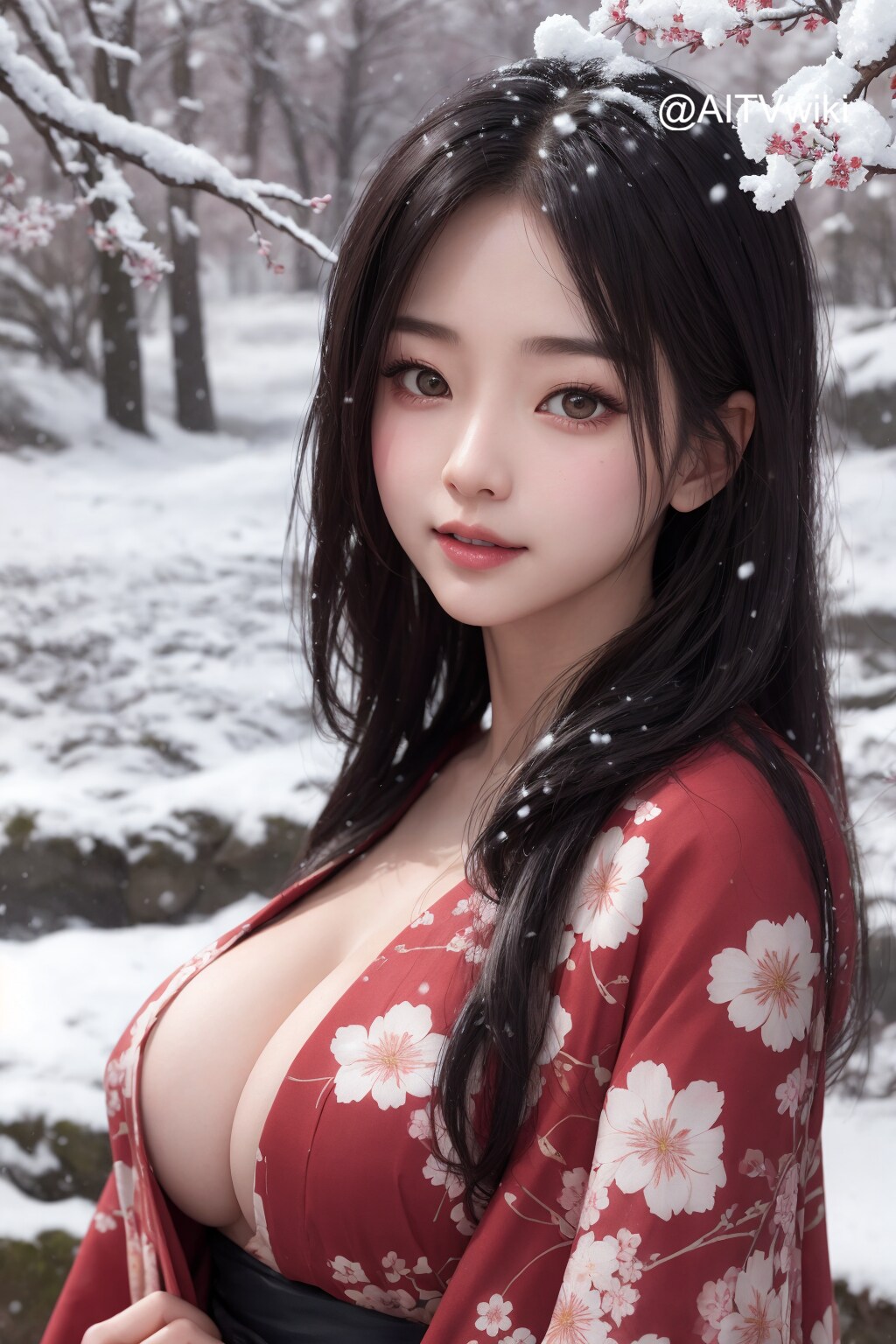 雪が降る中、桜と少女
