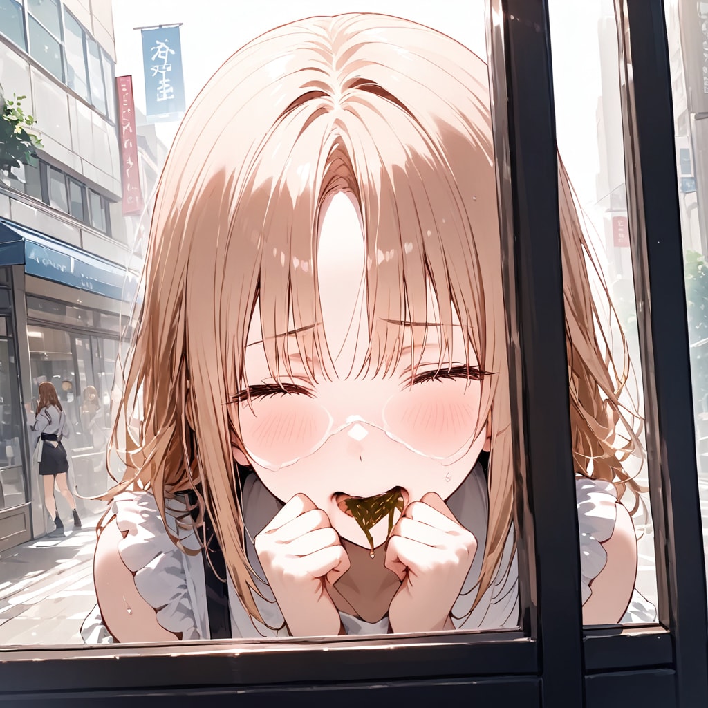 顔をガラスに押しつけているので