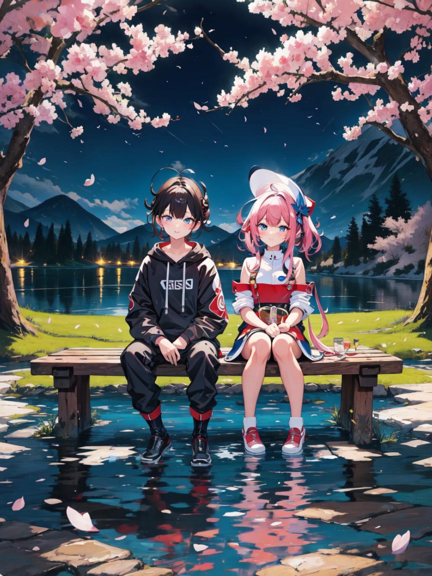 夜桜とカップル