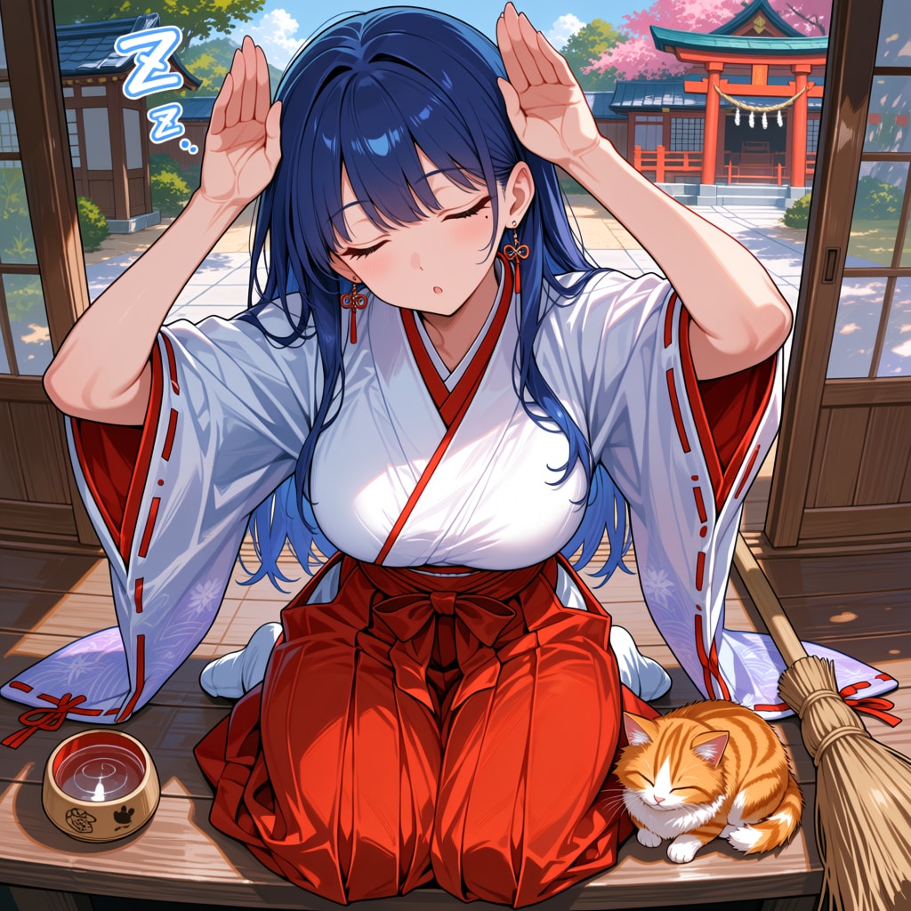 9/6おはウサー?!お勤め中にスヤスヤ…巫女あい、ただいま夢の中 | の人気AIイラスト・グラビア