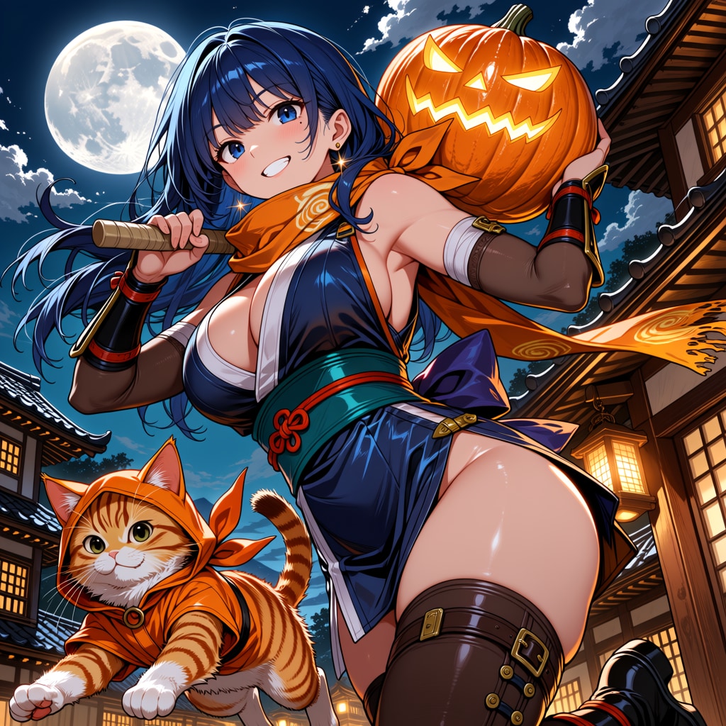 月夜のくノ一あい、巨大カボチャを盗め！ | の人気AIイラスト・グラビア