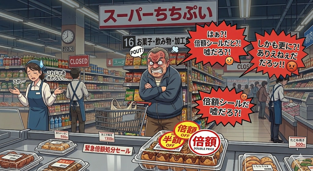 閉店10分前、定価の倍の値段で激怒して拗ねたおっさん