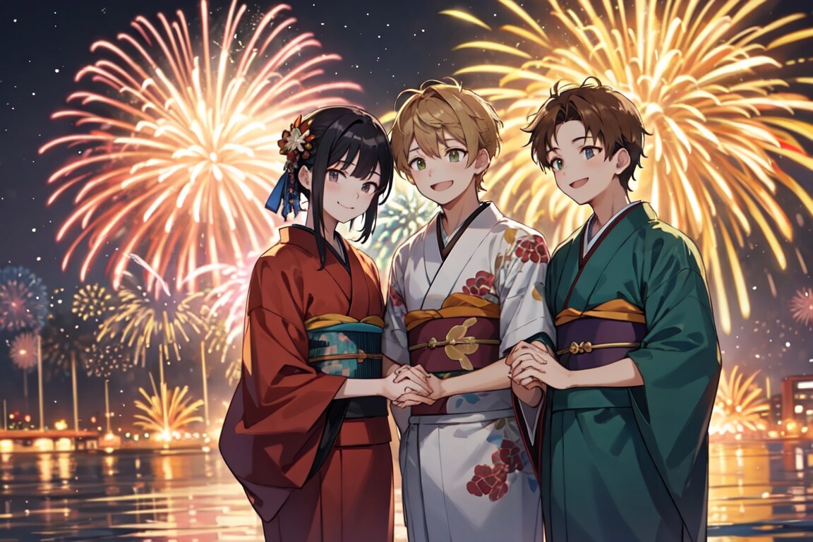 来年またみんなで花火見に行こう！！（男性グループ版）12枚（レトロモダン街シリーズ・その15）