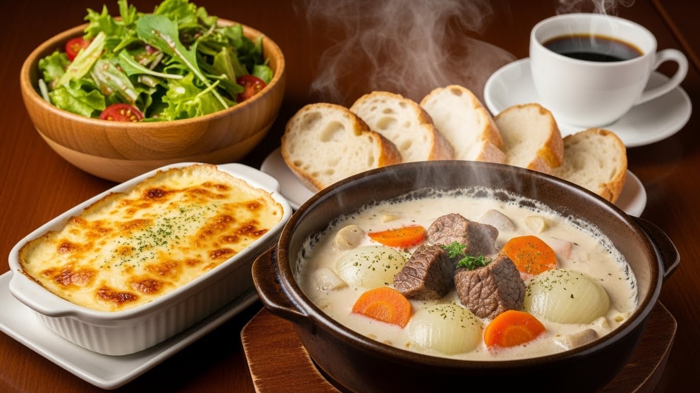 摩訶不思議食堂のクリームシチューとグラタンのあったかセット | の人気AIイラスト・グラビア