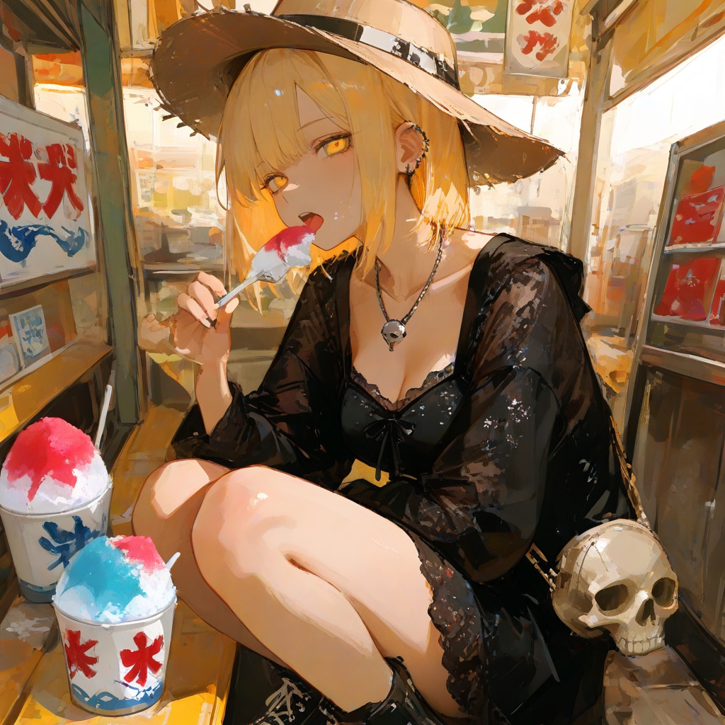 駄菓子屋でかき氷を食べるカート・コバーン好きの女
