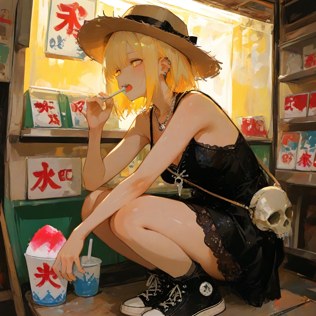 駄菓子屋でかき氷を食べるカート・コバーン好きの女