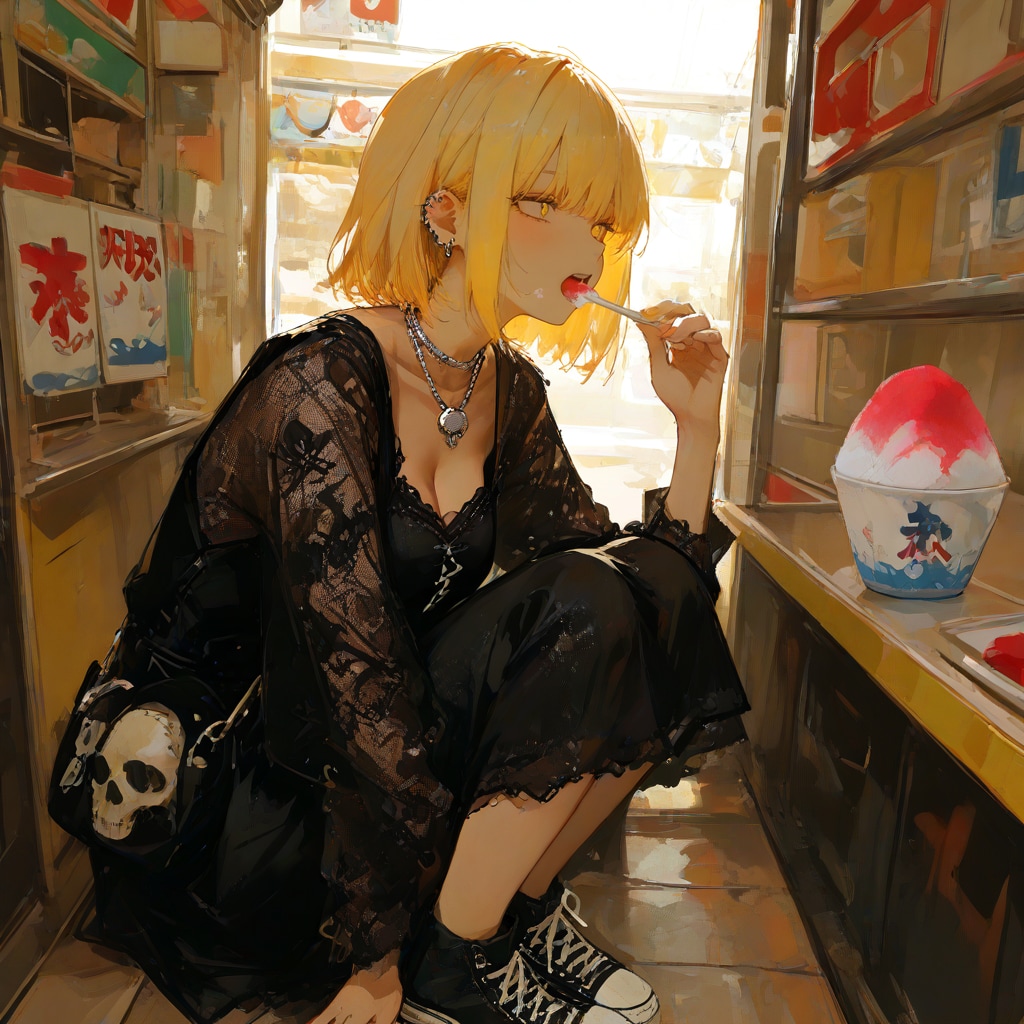 駄菓子屋でかき氷を食べるカート・コバーン好きの女