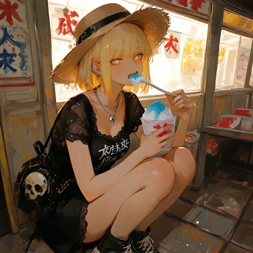 駄菓子屋でかき氷を食べるカート・コバーン好きの女