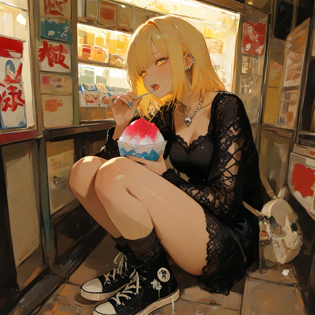 駄菓子屋でかき氷を食べるカート・コバーン好きの女